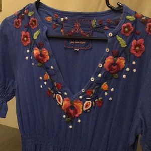 Blue dress with stitched flowers